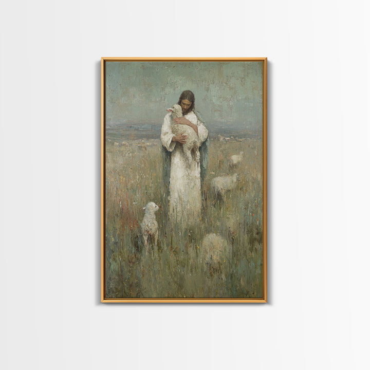 Gentle Shepherd Light, Framed Canvas Print, Christian Wall Art, Jesus Painting, Christian Art Canvas, Christian Gift Ideas, Vintage Christi