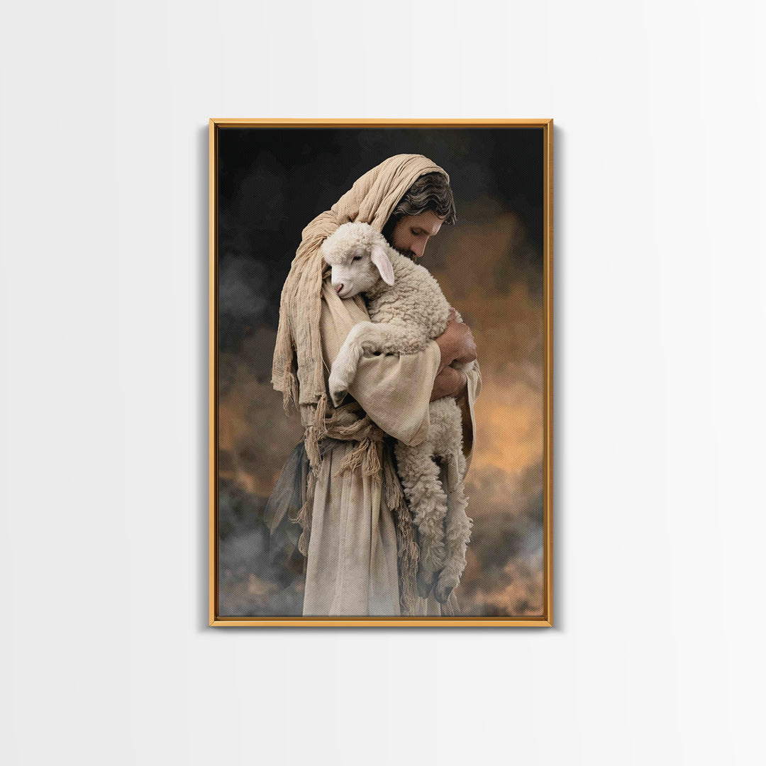 Tender Lamb Embrace, Framed Canvas Print, Jesus Painting, Christian Art Print, Christian Wall Art, Large Christian Painting, Christian Deco