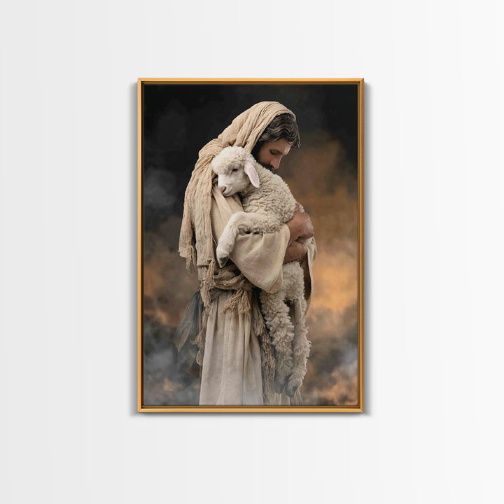 Tender Lamb Embrace, Framed Canvas Print, Jesus Painting, Christian Art Print, Christian Wall Art, Large Christian Painting, Christian Deco