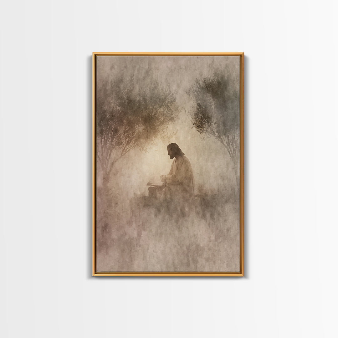 Quiet Olive Dawn, Framed Canvas Print, Christian Art Canvas, Modern Christian Art, Jesus Painting, Christian Wall Art, Christian Gift Ideas
