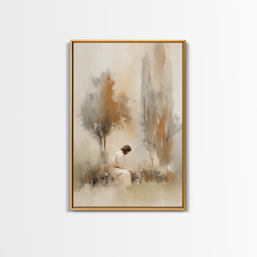 Stillness And Grace, Framed Canvas Print, Minimalist Christian Art, Christian Wall Art, Jesus Painting, Christian Art Print, Unique Christi