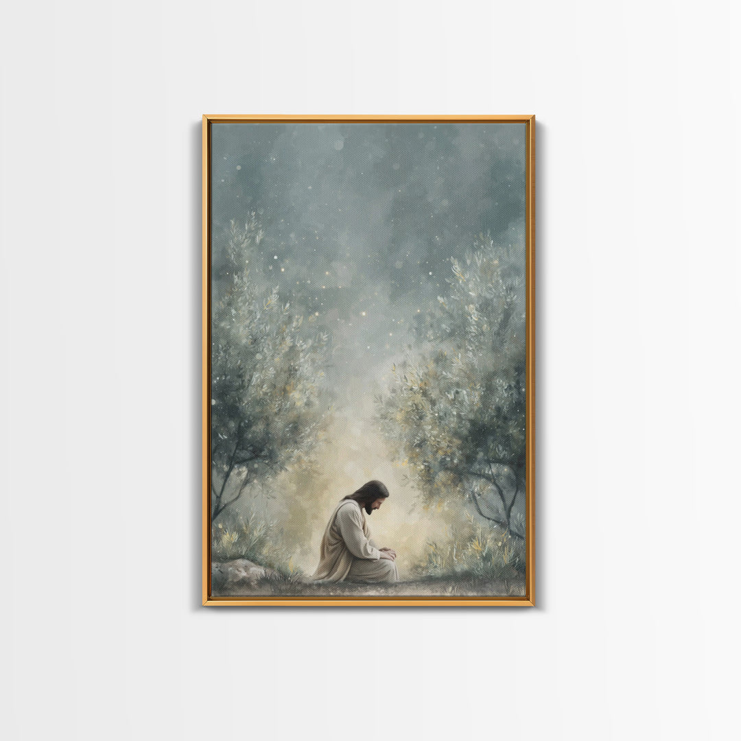 Olive Grove Reverence, Framed Canvas Print, Christian Art Canvas, Subtle Christian Art, Christian Wall Art, Jesus Painting, Christian Gift