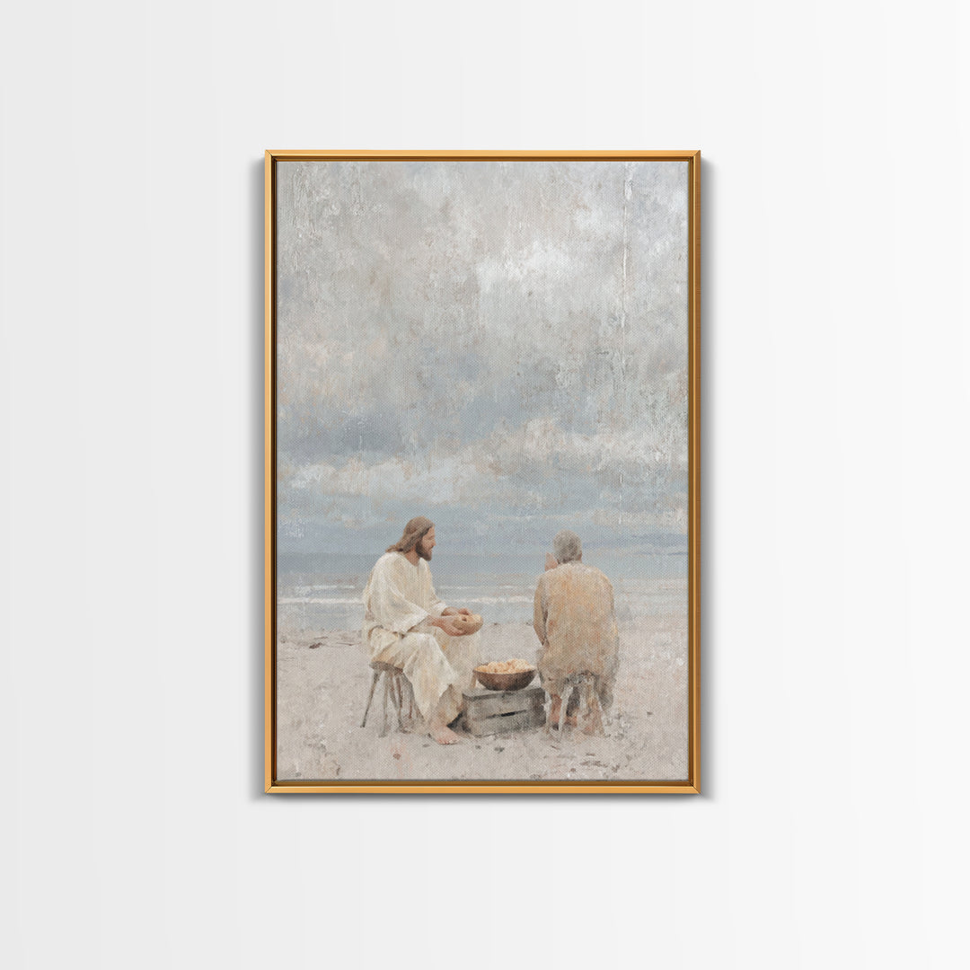 Shoreline Quiet Bread, Framed Canvas Print, Jesus Painting, Christian Wall Art, Christian Art Canvas, Christian Decor, Minimalist Christian