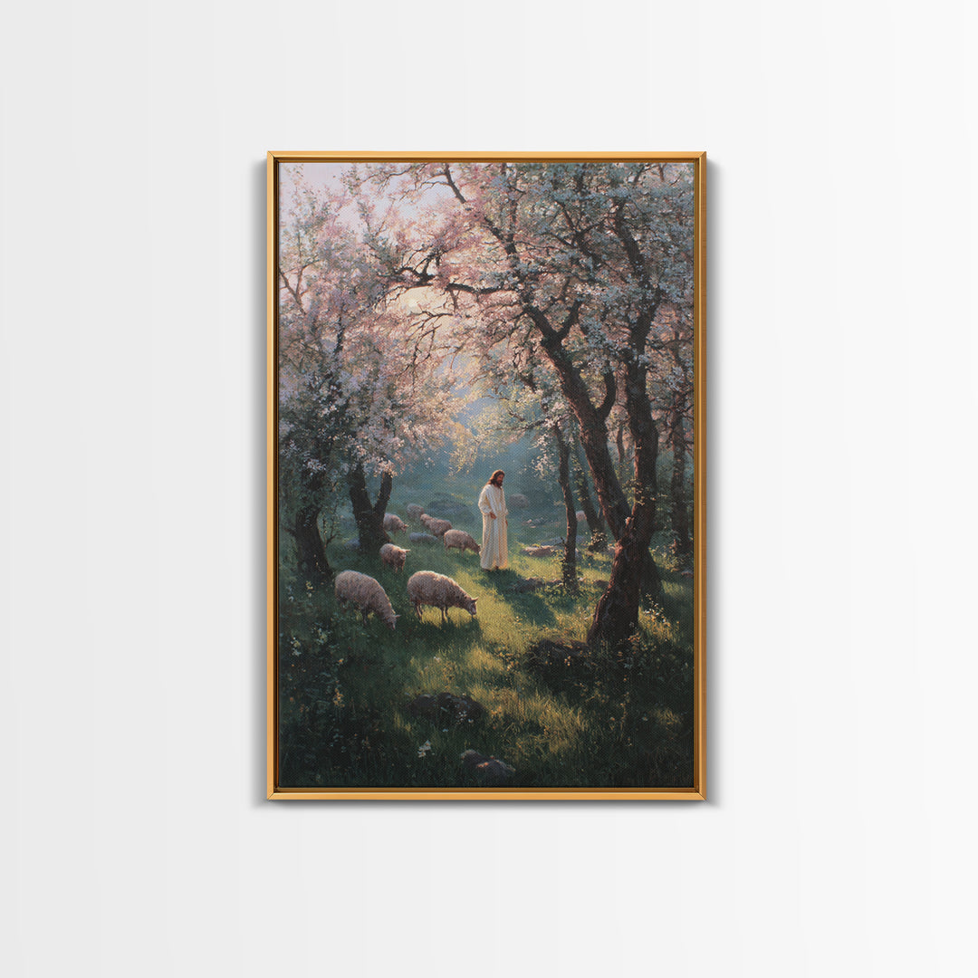 Spring Shepherd Path | Framed Canvas Print | Christian Art Canvas | Christian Wall Art | Jesus Painting | Christian Decor | Pastoral Scener