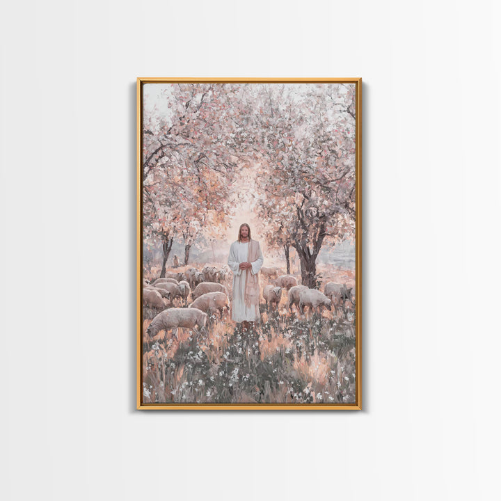 Garden Blossom Shepherd – Framed Canvas Print – Christian Wall Art – Christian Art Canvas – Jesus Painting – Christian Decor – Pastoral Sce