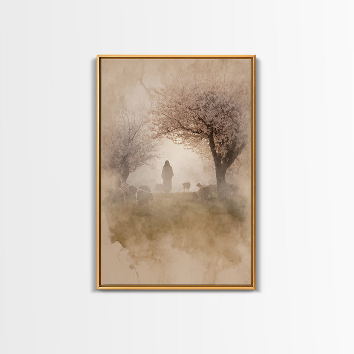 Dawn Shepherd Silhouette | Framed Canvas Print | Christian Wall Art | Christian Art Canvas | Jesus Painting | Subtle Christian Art | Christ