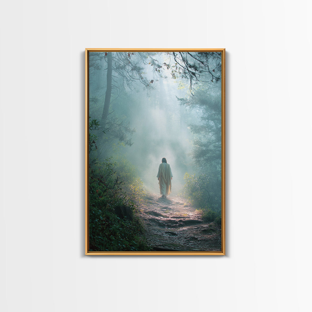 Forest Dawn Walk – Framed Canvas Print – Christian Wall Art – Christian Art Canvas – Jesus Painting – Moody Christian Art – Christian Decor