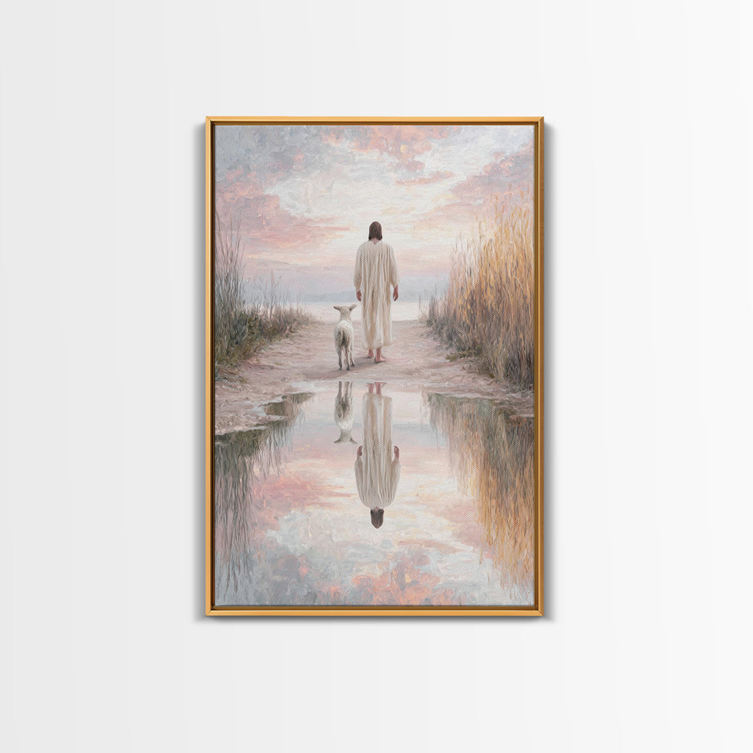 Misty Shepherd Calm, Framed Canvas Print, Christian Wall Art, Jesus Canvas Art, Minimalist Christian Art, Subtle Christian Paintings, Chris