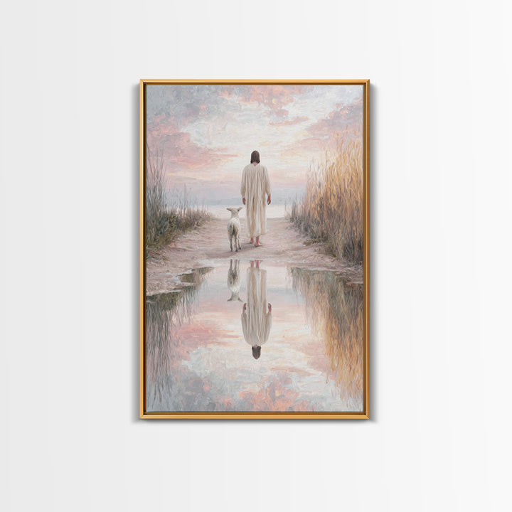 Misty Shepherd Calm, Framed Canvas Print, Christian Wall Art, Jesus Canvas Art, Minimalist Christian Art, Subtle Christian Paintings, Chris
