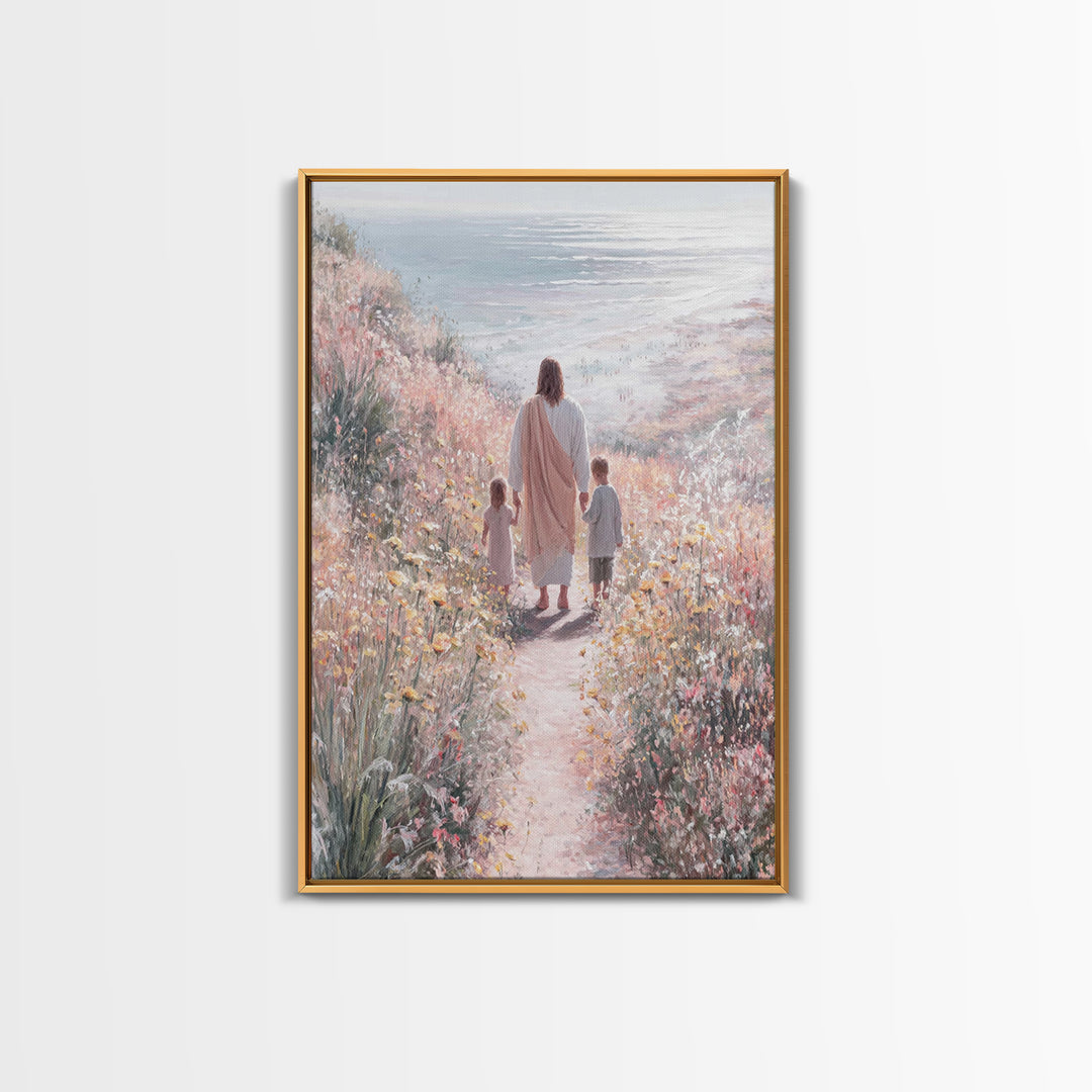 Golden Bloom Path, Framed Canvas Print, Christian Wall Art, Jesus Painting Canvas, Christian Decor, Modern Christian Painting, Christian Gi