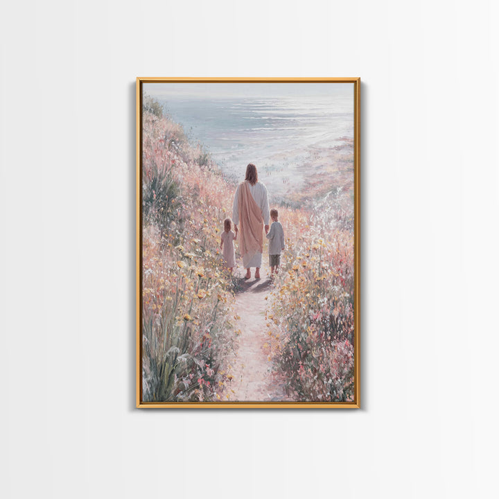 Golden Bloom Path, Framed Canvas Print, Christian Wall Art, Jesus Painting Canvas, Christian Decor, Modern Christian Painting, Christian Gi
