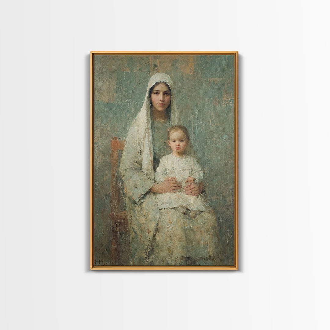 Serene Motherhood, Framed Canvas Print, Christian Wall Art, Christian Art Canvas, Mary And Jesus Painting, Subtle Christian Art, Christian