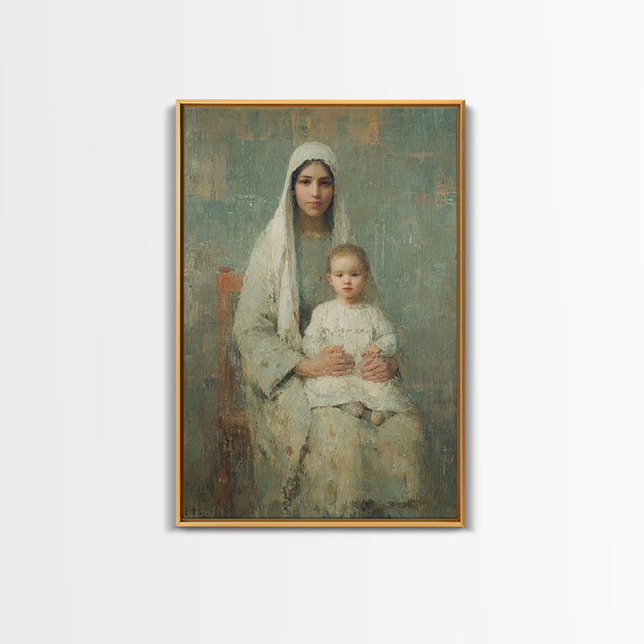 Serene Motherhood, Framed Canvas Print, Christian Wall Art, Christian Art Canvas, Mary And Jesus Painting, Subtle Christian Art, Christian