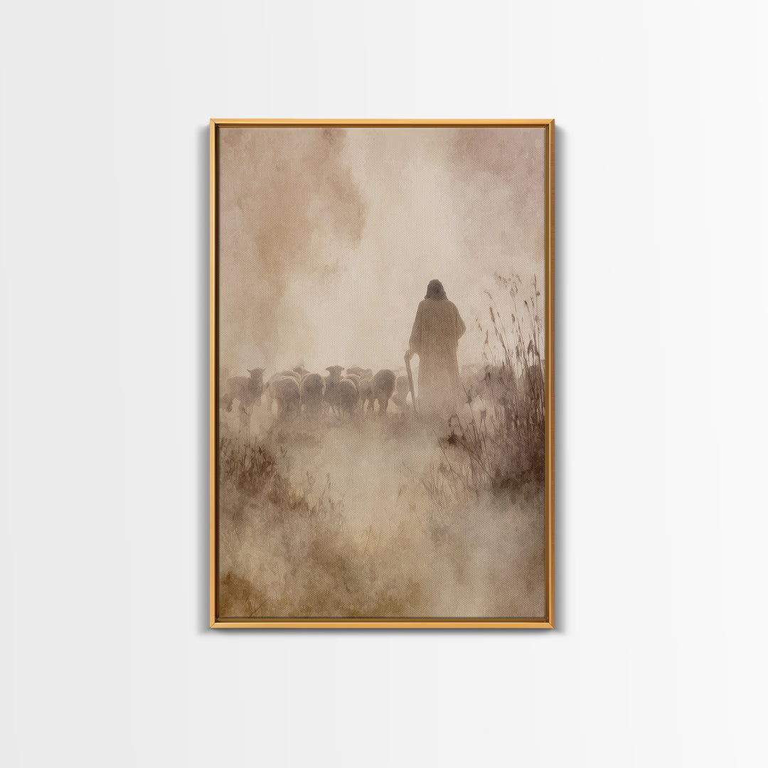 Guiding Shepherd Glow – Framed Canvas Print – Christian Art Work – Jesus Art Print – Christian Wall Art – Minimalist Christian Art