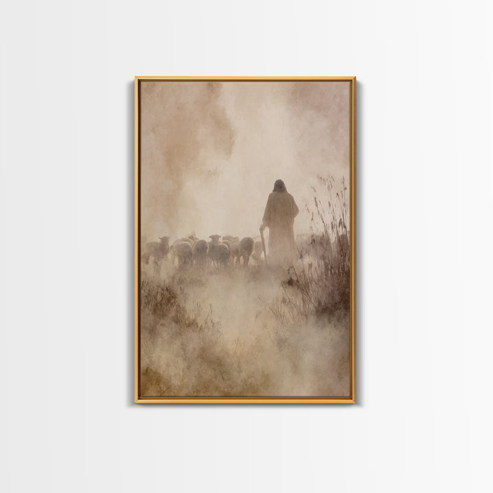 Guiding Shepherd Glow – Framed Canvas Print – Christian Art Work – Jesus Art Print – Christian Wall Art – Minimalist Christian Art