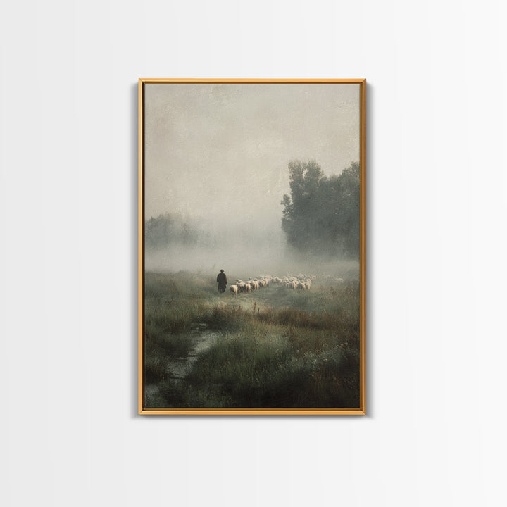 Misty Shepherd Path - Framed Canvas Print - Christian Wall Art - Jesus Painting - Pastoral Scenery - Christian Art Canvas - Faith Art