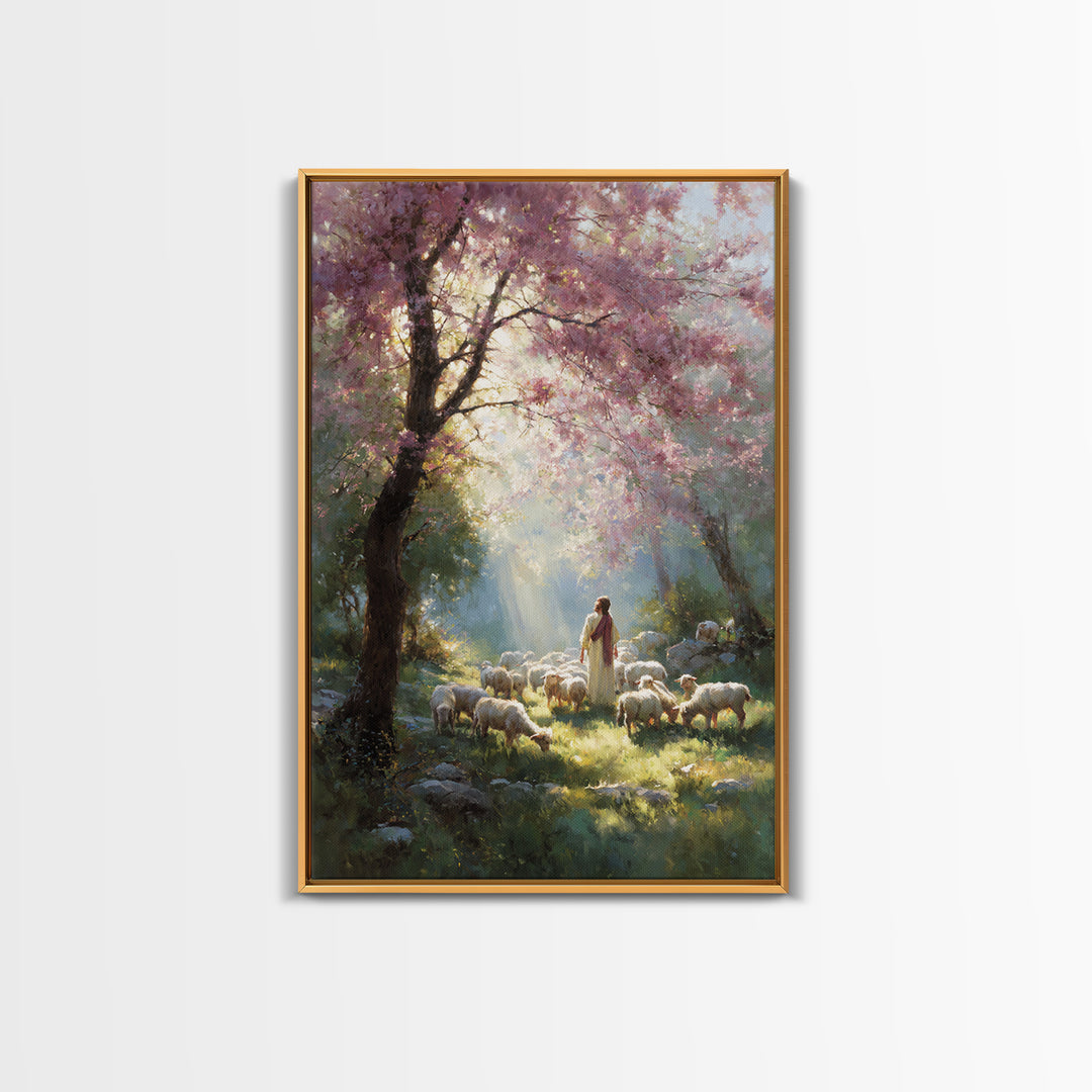 Springtime Shepherd - Framed Canvas Print - Christian Art Canvas - Christian Wall Art - Jesus Painting - Floral Christian Art - Christian D