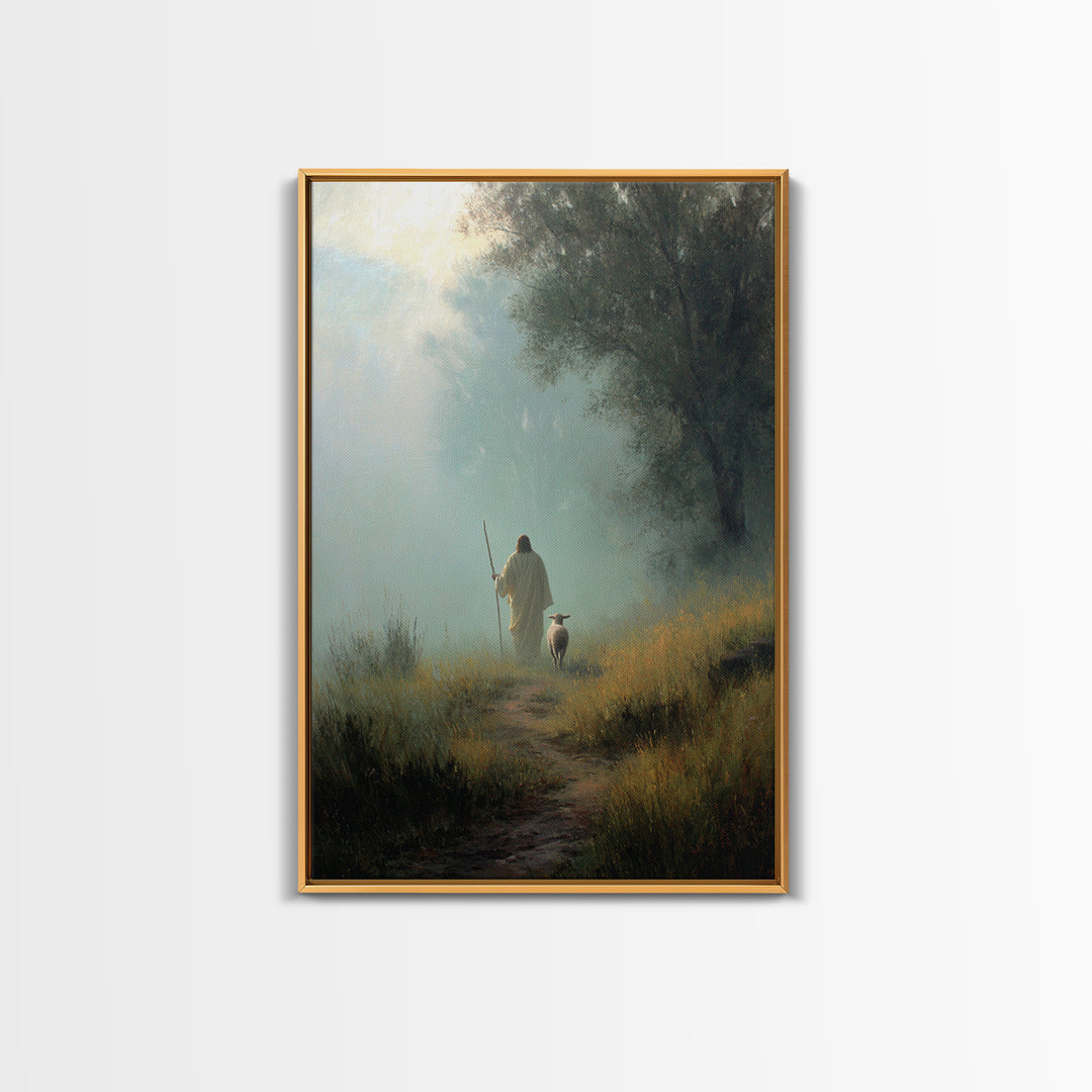 Misty Guide – Framed Canvas Print – Christian Art Canvas – Christian Wall Art – Jesus Painting – Pastoral Scenery – Christian Gift