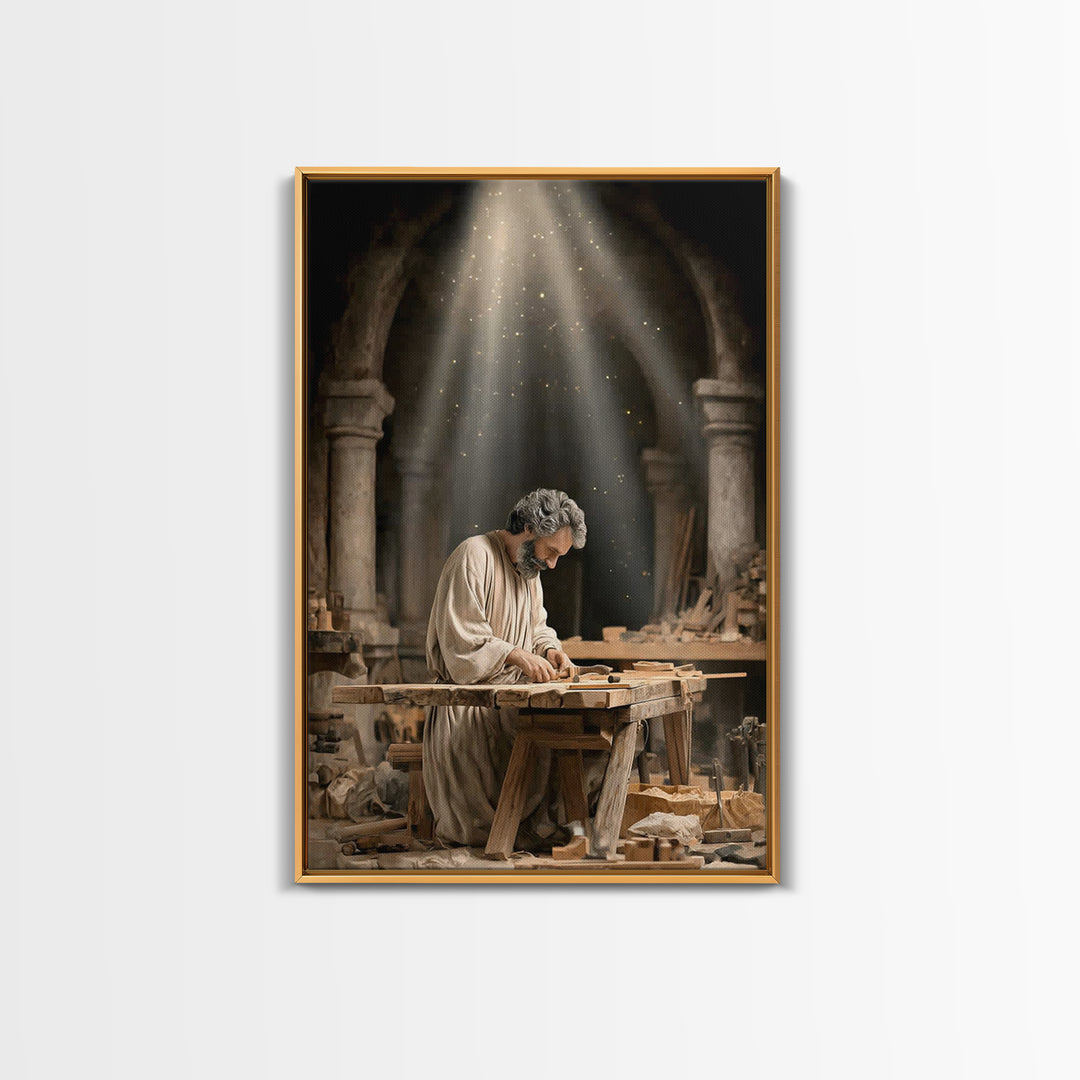 Humble Workshop Light, Framed Canvas Print, Christian Art Canvas, Jesus Painting, Christian Wall Art, Christian Decor, Christmas Art