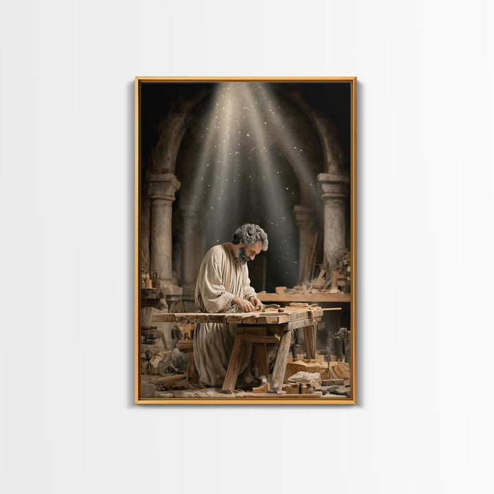 Humble Workshop Light, Framed Canvas Print, Christian Art Canvas, Jesus Painting, Christian Wall Art, Christian Decor, Christmas Art
