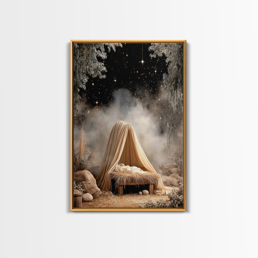 Guiding Star Cradle – Framed Canvas Print – Christian Wall Art – Jesus Painting – Christmas Art – Christian Christmas Decor – Christian Art