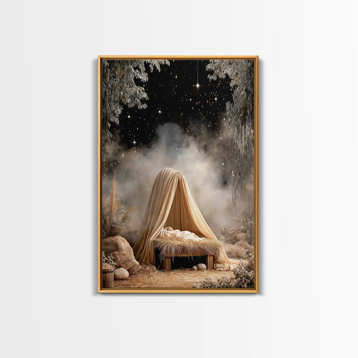 Guiding Star Cradle – Framed Canvas Print – Christian Wall Art – Jesus Painting – Christmas Art – Christian Christmas Decor – Christian Art