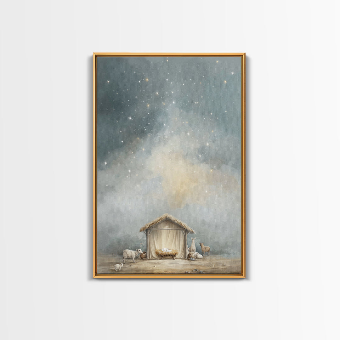 Heavenly Night Shelter – Framed Canvas Print – Christian Wall Art – Christian Christmas Art – Jesus Painting – Modern Christian Art – Chris
