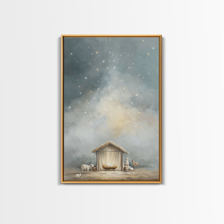 Heavenly Night Shelter – Framed Canvas Print – Christian Wall Art – Christian Christmas Art – Jesus Painting – Modern Christian Art – Chris