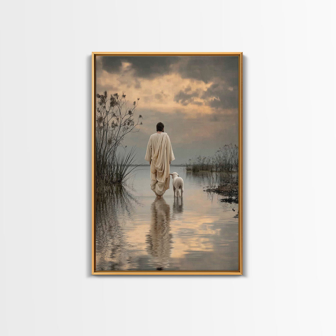 Evening Shepherd Hope – Framed Canvas Print – Christian Art Canvas – Christian Wall Art – Jesus Painting – Christian Christmas Art – Subtle