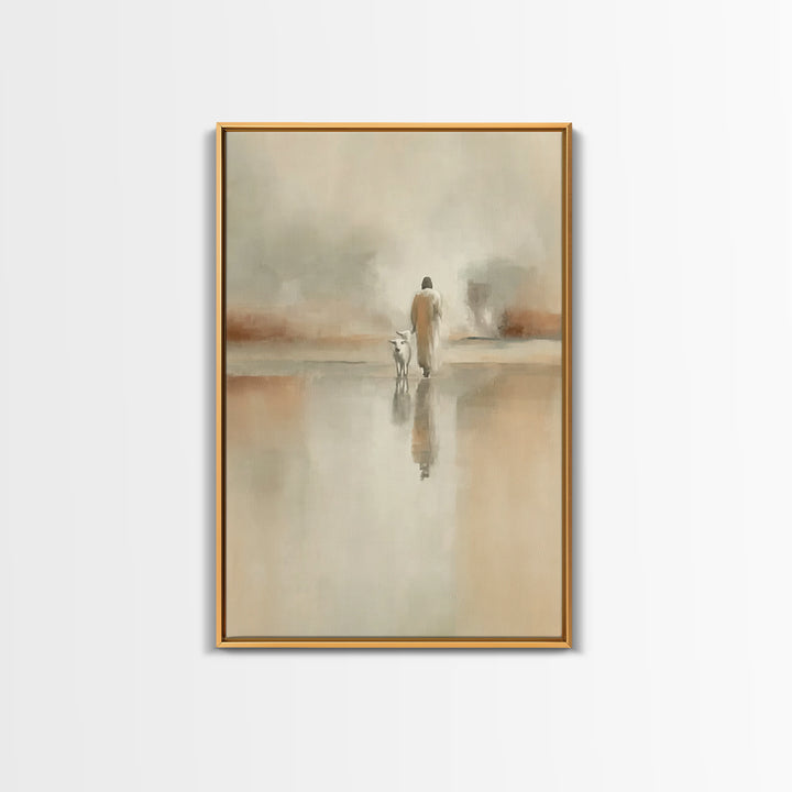 Silent Meadow Walk – Framed Canvas Print – Christian Art Print – Jesus Painting – Modern Christian Art – Pastoral Scenery – Christian Chris