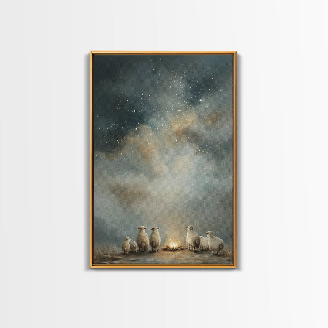 Starry Night Flock – Framed Canvas Print – Christmas Art – Christian Art Canvas – Christian Wall Art – Folk Art Christmas – Christian Chris
