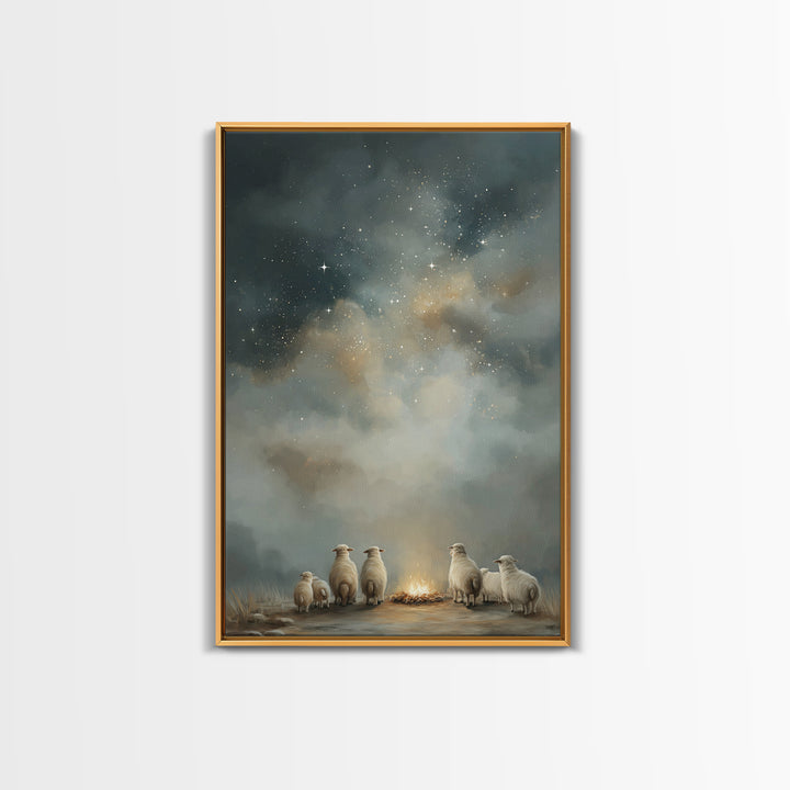 Starry Night Flock – Framed Canvas Print – Christmas Art – Christian Art Canvas – Christian Wall Art – Folk Art Christmas – Christian Chris