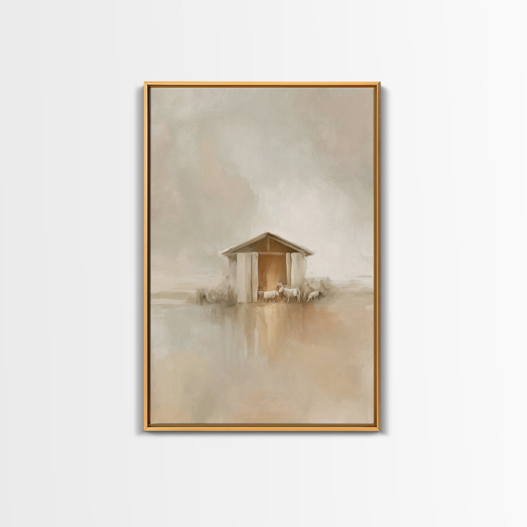 Quiet Manger Light, Framed Canvas Print, Christmas Wall Art, Christian Art Print, Minimalist Christian Art, Christian Christmas Art, Christ