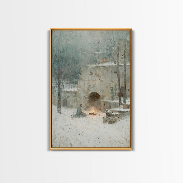 Warm Vigil Night – Framed Canvas Print – Christian Art – Christmas Art – Moody Christmas Art – Christian Wall Art – Christian Art Gift