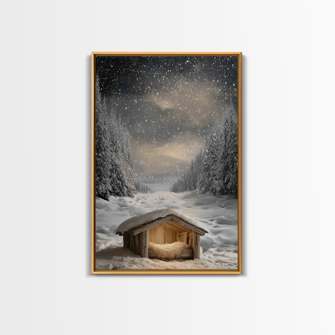 Silent Nativity Snow | Framed Canvas Print | Christmas Canvas Wall Art | Christian Art Work | Christian Christmas Art | Modern Christmas Ar