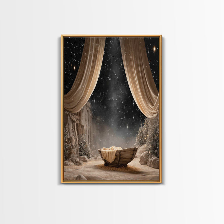 Starry Night Cradle | Framed Canvas Print | Christmas Wall Art | Christian Christmas Art | Christmas Canvas Wall Art | Framed Christmas Art