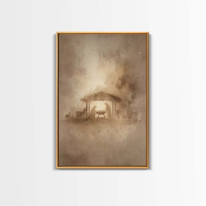 Silent Night Stable – Framed Canvas Print – Christmas Art – Christian Christmas Art – Christian Wall Art – Christian Art Canvas – Christian