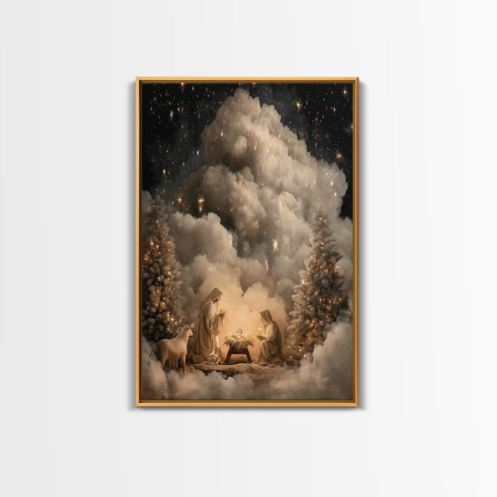 Heavenly Nativity Glow | Framed Canvas Print | Christian Wall Art | Christian Art Canvas | Christmas Art | Christian Christmas Art | Christ