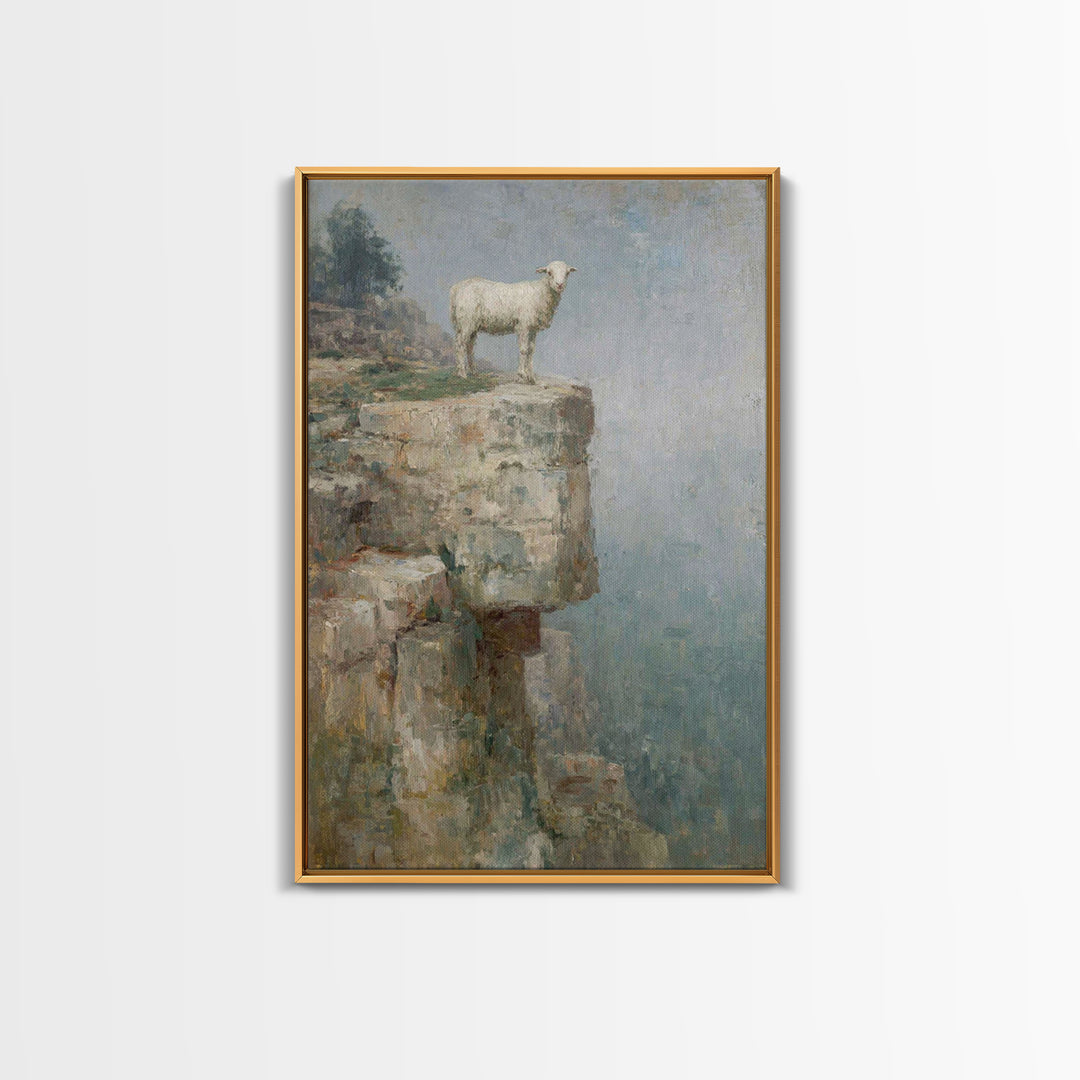 Lone Cliff Lamb – Framed Canvas Print – Christian Wall Art – Christian Art Canvas – Pastoral Scenery – Christian Art Print – Subtle Christi