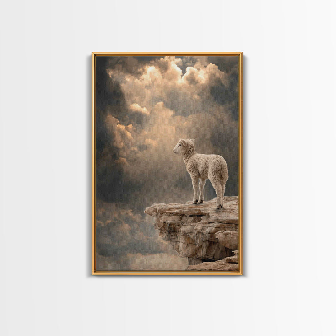 Quiet Summit Lamb, Framed Canvas Print, Christian Wall Art, Christian Art Canvas, Minimalist Christian Art, Christian Decor, Pastoral Scene