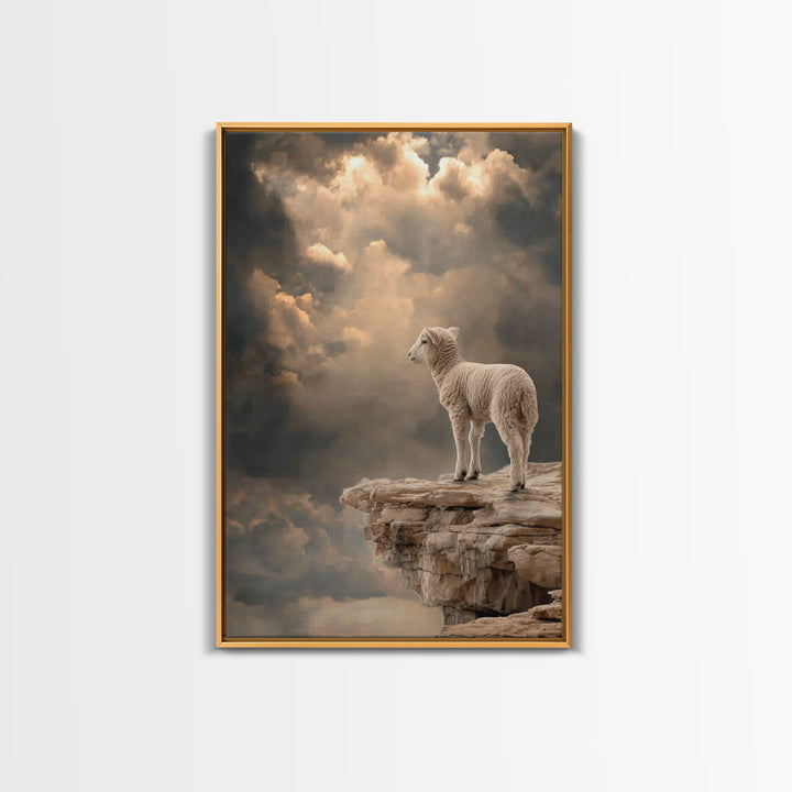 Quiet Summit Lamb, Framed Canvas Print, Christian Wall Art, Christian Art Canvas, Minimalist Christian Art, Christian Decor, Pastoral Scene