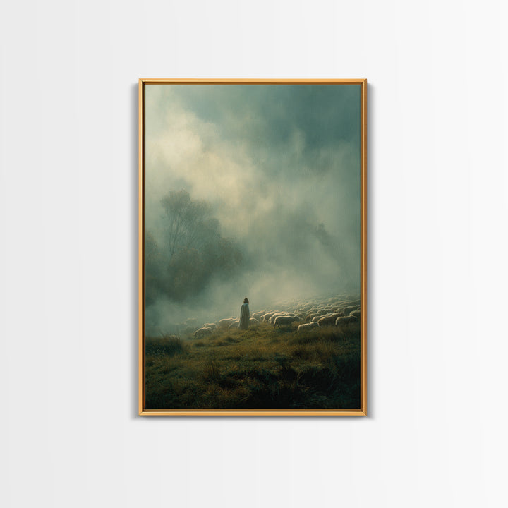 Guiding Shepherd – Framed Canvas Print – Christian Wall Art – Christian Art Canvas – Jesus Painting – Pastoral Scenery – Moody Christian Ar