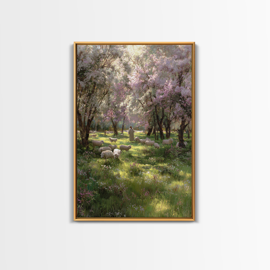 Garden Of The Shepherd, Framed Canvas Print, Christian Art Canvas, Jesus Painting, Christian Wall Art, Christian Gift Ideas, Vintage Christ