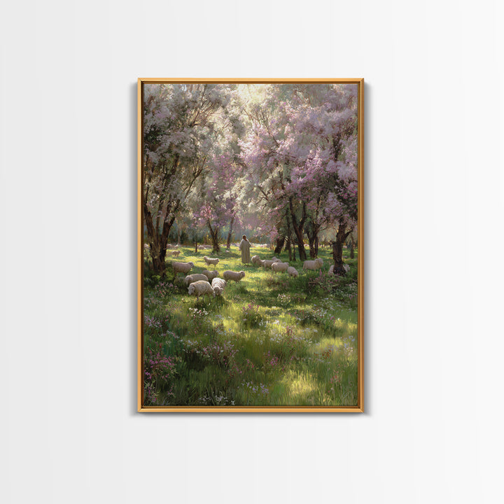 Garden Of The Shepherd, Framed Canvas Print, Christian Art Canvas, Jesus Painting, Christian Wall Art, Christian Gift Ideas, Vintage Christ