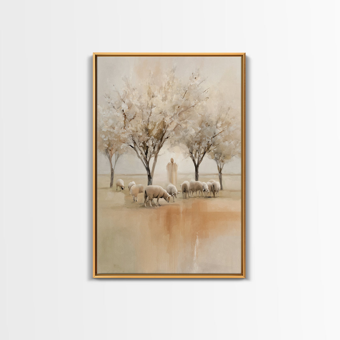 Quiet Pasture Peace, Framed Canvas Print, Christian Wall Art, Christian Art Canvas, Jesus Painting, Christian Christmas Art