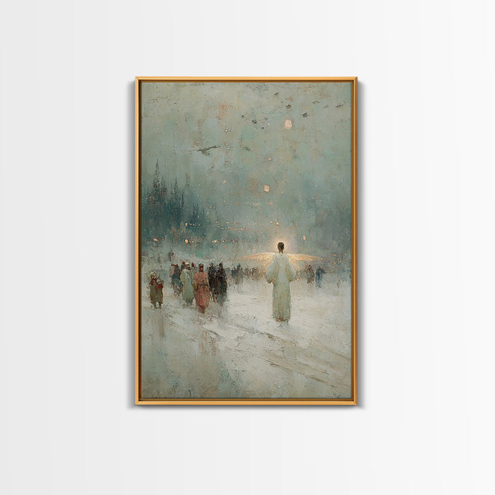 Silent Gathering Grace – Framed Canvas Print – Christian Christmas Art – Christian Wall Art – Moody Christmas Art – Christian Art Canvas –