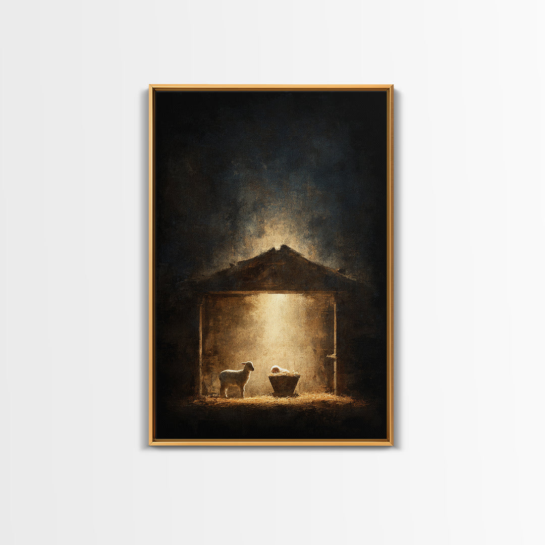 Holy Night Shelter – Framed Canvas Print – Christian Wall Art – Christmas Art – Christian Art Canvas – Moody Christmas Art – Christian Chri