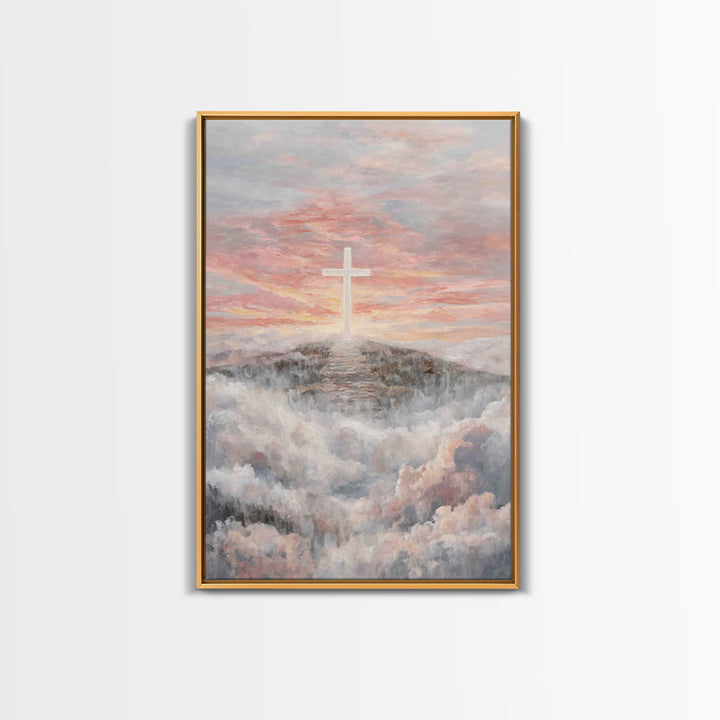 Hilltop Sunrise Cross, Framed Canvas Print, Christian Wall Art, Christian Art Print, Large Christian Painting, Christian Home Decor