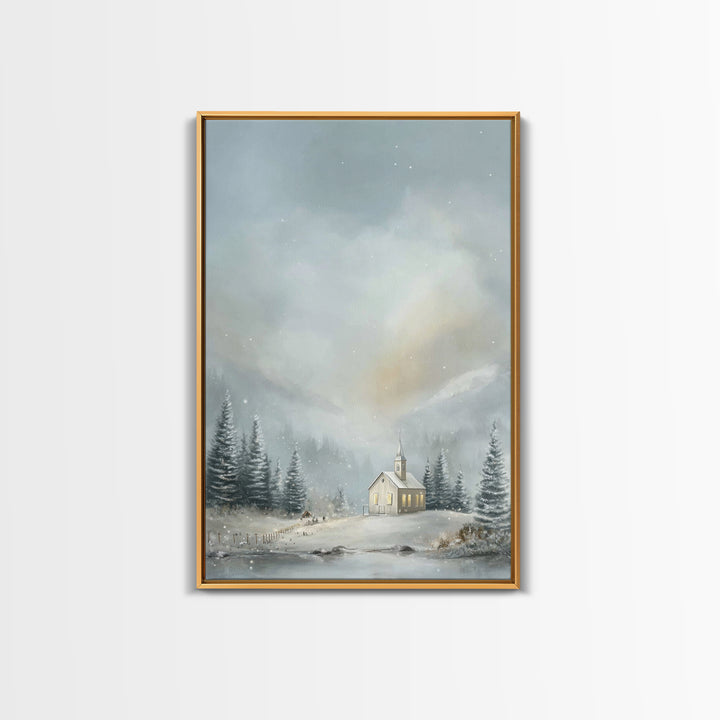 Winter Chapel Light | Framed Canvas Print | Christmas Art Prints | Christian Wall Art | Christian Christmas Decor | Christian Art Canvas |