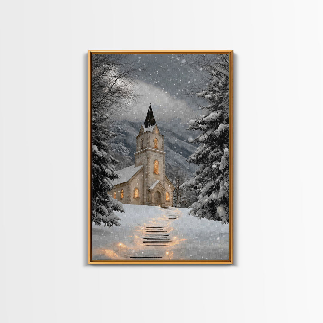 Snowfall Chapel – Framed Canvas Print – Christmas Wall Art – Christian Christmas Art – Framed Christmas Art – Christmas Art Work – Christia